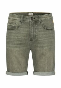 Shorts van groene denim, met opgerolde zomen, voorzakken en een klassiek vijf-pocket ontwerp. Standaard taille met een knoopsluiting.
