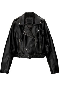 Giubbotto da moto in pelle nera tagliato con hardware argento, cerniere e vita con cintura. Presenta ampi revers e design doppiopetto.