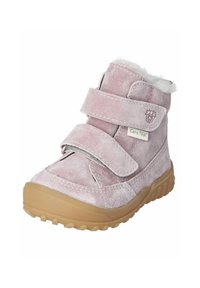 Stivale alla caviglia con cinturino in velcro in morbido suede rosa con bordatura in pelliccia. Suola in gomma per una buona aderenza, forma arrotondata e dettagli di cucitura visibili.