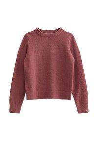 Röd stickad tröja med rund halsringning och långa ärmar; mjuk textur, kort längd och ribbade muddar och fåll.