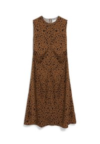 Brown sleeveless dress with a leopard print pattern, made from soft fabric, featuring a round neck and subtle pleats at the sides.