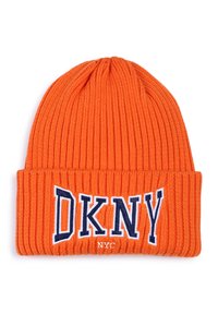 Bonnet côtelé orange avec le logo DKNY en blanc et marine, avec un revers et une texture lisse. Convient pour les temps froids.