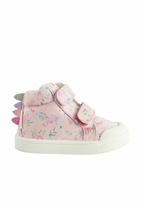 Lyserød højtop sneaker med blomsterdesign, to velcrostropper og farvede pigge på hælen. Gummisål og struktureret stof.