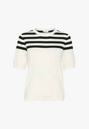 Suéter de manga corta en marfil con rayas horizontales negras. Cuello redondeado, tejido suave y puños acanalados en las mangas y el dobladillo.