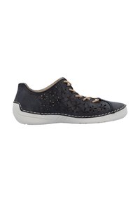 Sneaker blu scuro con motivo floreale ritagliato, lacci beige e suola in gomma bianca. Presenta dettagli cuciti lungo i bordi.