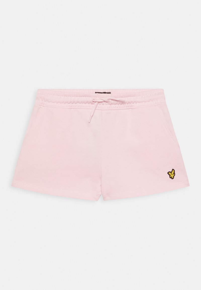 Bermudas de algodão cor-de-rosa com cintura elástica, cordão e um pequeno bordado de borboleta amarela no lado esquerdo.