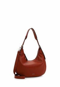 Leather shoulder bag in rich reddish-brown. Rounded shape with a top zipper closure and adjustable strap. Subtle embossed logo detail.