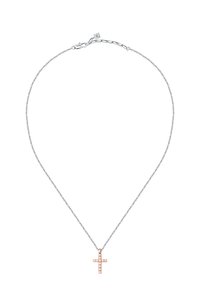 Collana in argento con pendente a forma di croce in oro rosa, caratterizzato da un motivo rettangolare. Il fermaglio è di tipo granchio, garantendo una vestibilità sicura.