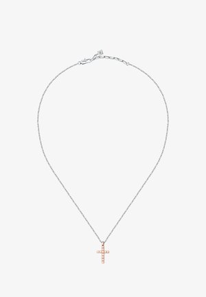 Collana in argento con pendente a forma di croce in oro rosa, caratterizzato da un motivo rettangolare. Il fermaglio è di tipo granchio, garantendo una vestibilità sicura.