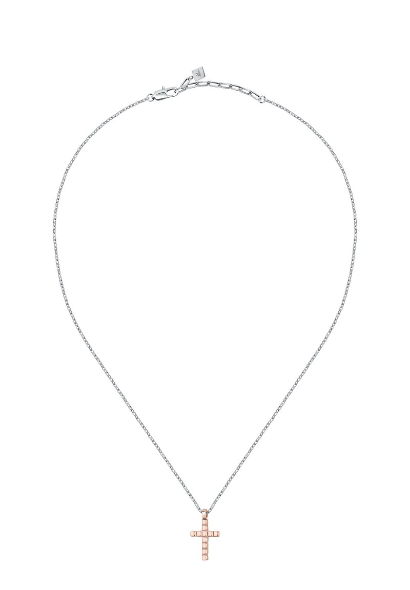 Collana in argento con pendente a forma di croce in oro rosa, caratterizzato da un motivo rettangolare. Il fermaglio è di tipo granchio, garantendo una vestibilità sicura.