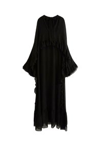 Svart klänning med A-linjeform, gjord av fladdrande tyg. Har volangdetaljer längs ärmarna och nederkanten, med en knytning vid halsringningen.
