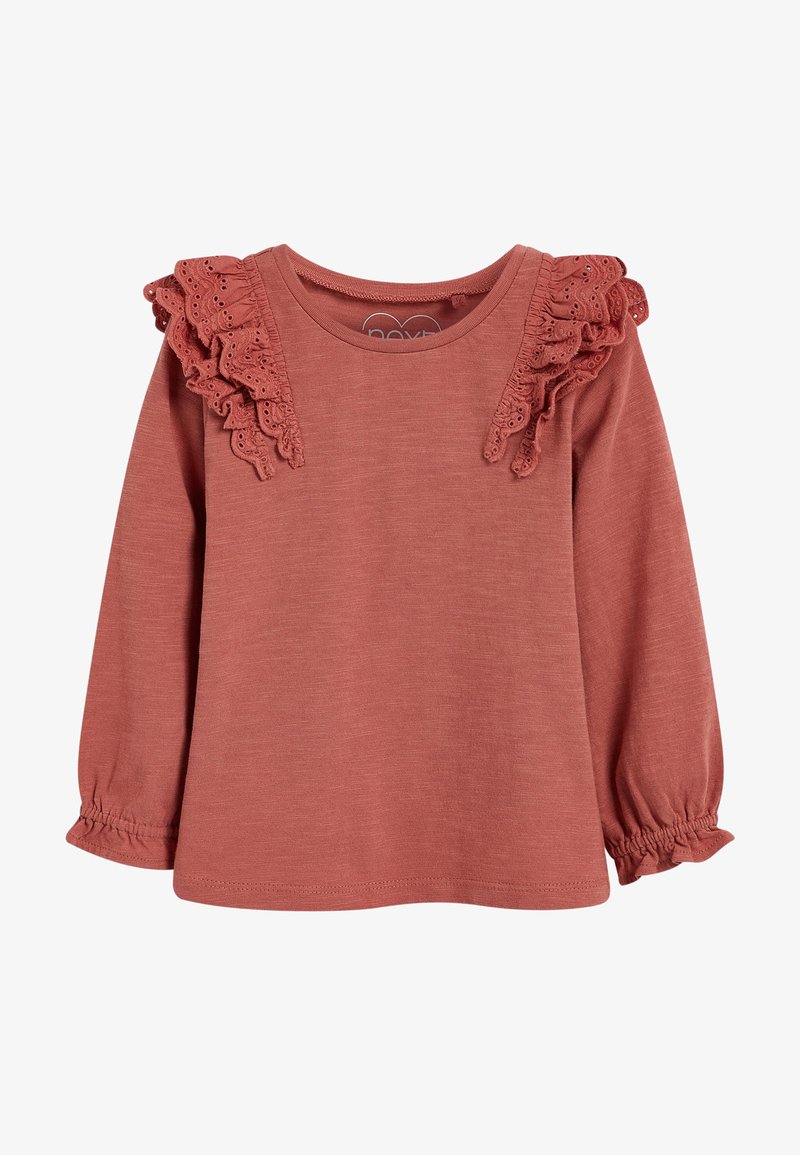 Haut à manches longues couleur vieux rose pour tout-petit avec volants en dentelle ajourée sur les épaules et poignets élastiqués.