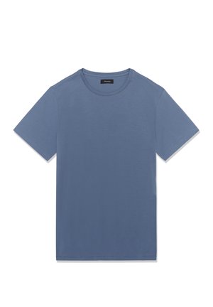 Blå t-shirt med rund hals lavet af blødt stof, med korte ærmer og et enkelt design uden synlige mønstre eller grafik.