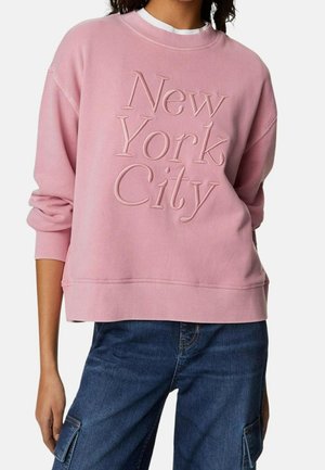 Rosa Sweatshirt mit dem eingeprägten Schriftzug "New York City". Hat einen Rundhalsausschnitt, lange Ärmel und eine lockere Passform. Weicher Stoff.