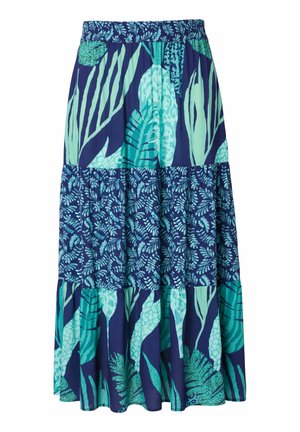 Maxi-Rock mit elastischem Bund, Stufendesign mit großen und kleinen aqua- und tealfarbenen tropischen Blättern auf marineblauem Hintergrund.