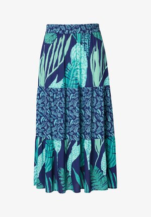 Maxi rok met elastische tailleband, gelaagd ontwerp met grote en kleine tropische bladeren in aqua en teal op een marineblauwe achtergrond.