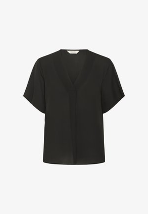 Schwarze kurzärmlige Bluse mit V-Ausschnitt, hergestellt aus leichten Stoff. Verfügt über eine lockere Passform und eine zentrale Nahtdetails an der Front.