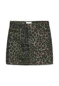 Krilo iz denima z leopardjim potiskom v olivno zeleni in bež barvi, z oprijetim krojem, klasičnim petim žepnim stilom in sprednjim gumbom.