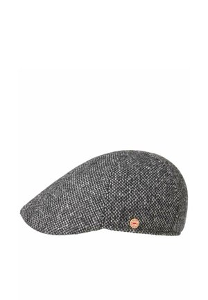 Gray textured flat cap with a small round red and gold logo badge on the side, set against a white background.