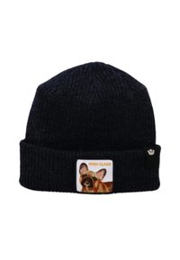 Zwarte gebreide beanie met omgeslagen rand, voorzien van een patch van een Franse bulldog en de tekst "HIGH CLASS" aan de voorkant.