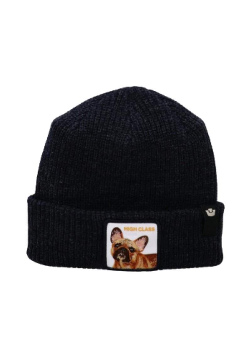 Zwarte gebreide beanie met omgeslagen rand, voorzien van een patch van een Franse bulldog en de tekst "HIGH CLASS" aan de voorkant.