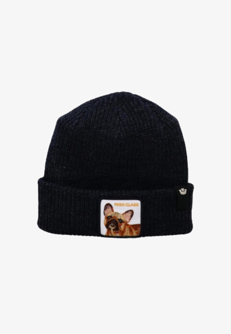 Black knitted beanie hat with folded cuff, featuring a patch of a French bulldog and text "HIGH CLASS" on the front.