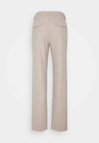 Rutiga vida byxor i beige och brunt med hög midja, fyra fickor och en slät textur. Bakvy visas.