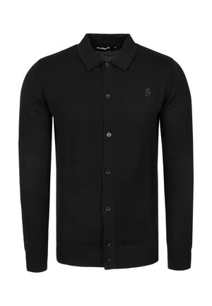 Black long-sleeve button-up cardigan with a collar, featuring a subtle embossed logo on the left chest and ribbed cuffs and hem.