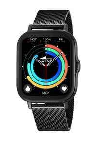 Square black smartwatch with a colorful circular display, showing steps, battery percentage, and heart rate. Black mesh metal wristband.