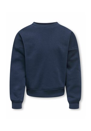 Felpa blu navy a maniche lunghe con polsini, orlo e scollo a costine, vista da dietro su sfondo bianco.