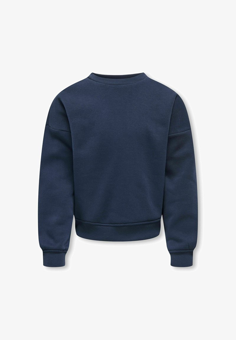 Sweat-shirt bleu marine à manches longues avec poignets, ourlet et encolure côtelés, présenté de dos sur fond blanc.