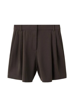 Shorts marron foncé sur mesure avec des plis, passants pour ceinture et poches latérales, présentés sur un fond blanc.