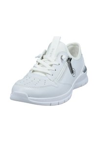 Weißes Ledersneaker mit Schnürsenkeln, seitlichem Reißverschluss und perforierter Zehenpartie zur Belüftung, schräg positioniert, um die Vorderseite und die äußere Seite zu zeigen.