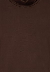 Maglione dolcevita marrone realizzato in un tessuto morbido e liscio; presenta un design aderente e cuciture minime, offrendo un aspetto pulito e senza soluzione di continuità.