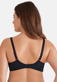 Reggiseno nero con spalline regolabili, chiusura a gancio, texture liscia e design semplice, visto da dietro.