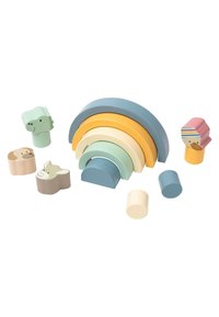 Wooden stacking toy set featuring curved rainbow pieces in pastel colors: blue, yellow, green, and peach, along with animal-shaped figures.