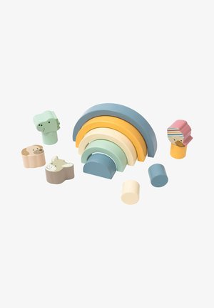 Wooden stacking toy set featuring curved rainbow pieces in pastel colors: blue, yellow, green, and peach, along with animal-shaped figures.