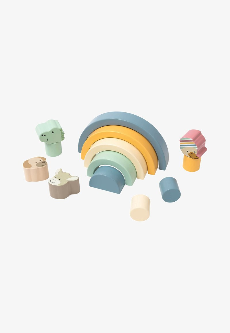 Wooden stacking toy set featuring curved rainbow pieces in pastel colors: blue, yellow, green, and peach, along with animal-shaped figures.