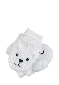 Weiße Fleece-Handschuhe mit einem Bärenkopf-Design, weicher Textur, schwarzen gestickten Augen und einem weißen Baumwollbund.