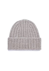 Berretto beige lavorato a maglia con texture a costine e risvolto, realizzato in morbido filato per calore e comfort.