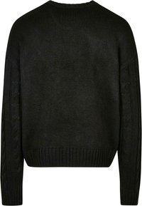 Maglione nero lavorato a maglia con motivi a treccia sulle maniche, polsini e orlo a costine, visto da dietro.