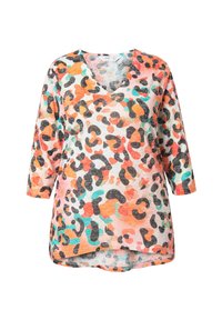 Tunika a stampa leopardata multicolore con scollo a V e maniche a tre quarti. Tessuto leggero e morbido con accenti rosa, arancione, verde e nero.