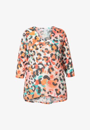 Tunika s mnohobarevným leopardím vzorem, s výstřihem do V a tříčtvrtečními rukávy. Lehká, měkká látka s růžovými, oranžovými, zelenými a černými akcenty.