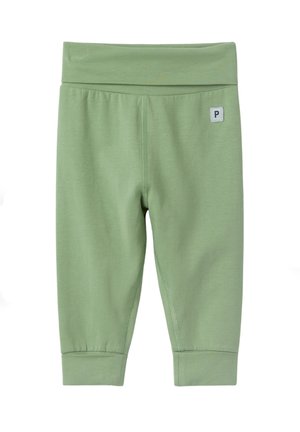 Jasnozielone miękkie legginsy niemowlęce z szerokim pasem, podwiniętymi mankietami i małą kwadratową naszywką z logo z przodu po prawej stronie.