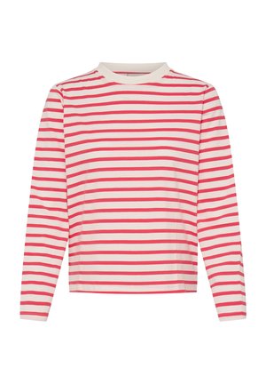 Chemise à manches longues en tissu doux, avec des rayures horizontales rouges et blanches, un col rond et une coupe décontractée.