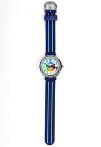 Montre en silicone bleu avec un cadran rond blanc présentant des marqueurs d'heure et de minute colorés, une aiguille des secondes noire, et une boucle en argent.