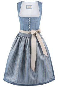 Helles blaues Kleid mit einem taillierten Oberteil, Knopfleiste und einem weit schwingenden Rock, der mit gemustertem Seidenstoff und einem cremefarbenen Bandgürtel verziert ist. Strukturierte Stoffdetails.