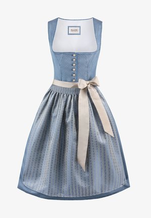 Helles blaues Kleid mit einem taillierten Oberteil, Knopfleiste und einem weit schwingenden Rock, der mit gemustertem Seidenstoff und einem cremefarbenen Bandgürtel verziert ist. Strukturierte Stoffdetails.