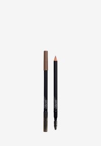Crayon à sourcils marron avec une pointe taillée et un fût noir. Il dispose d'une brosse spoolie à une extrémité et d'un capuchon à vis. Texture lisse, finition mate.