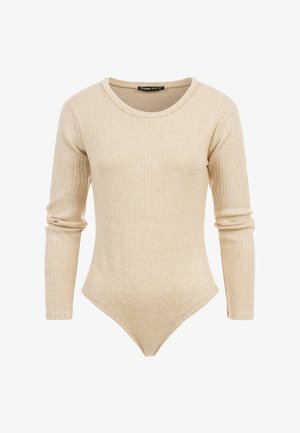 Beigea ribbineuluksinen pitkähihainen body pyöreällä pääntiellä, vartalonmyötäinen istuvuus ja joustava kangas, merkiltä Cloud Five.